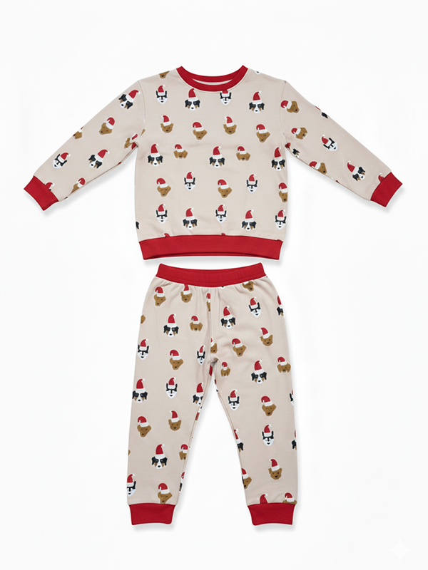 Unisex Beige Red Cotton Printed Full Sleeve Co-ord Sets