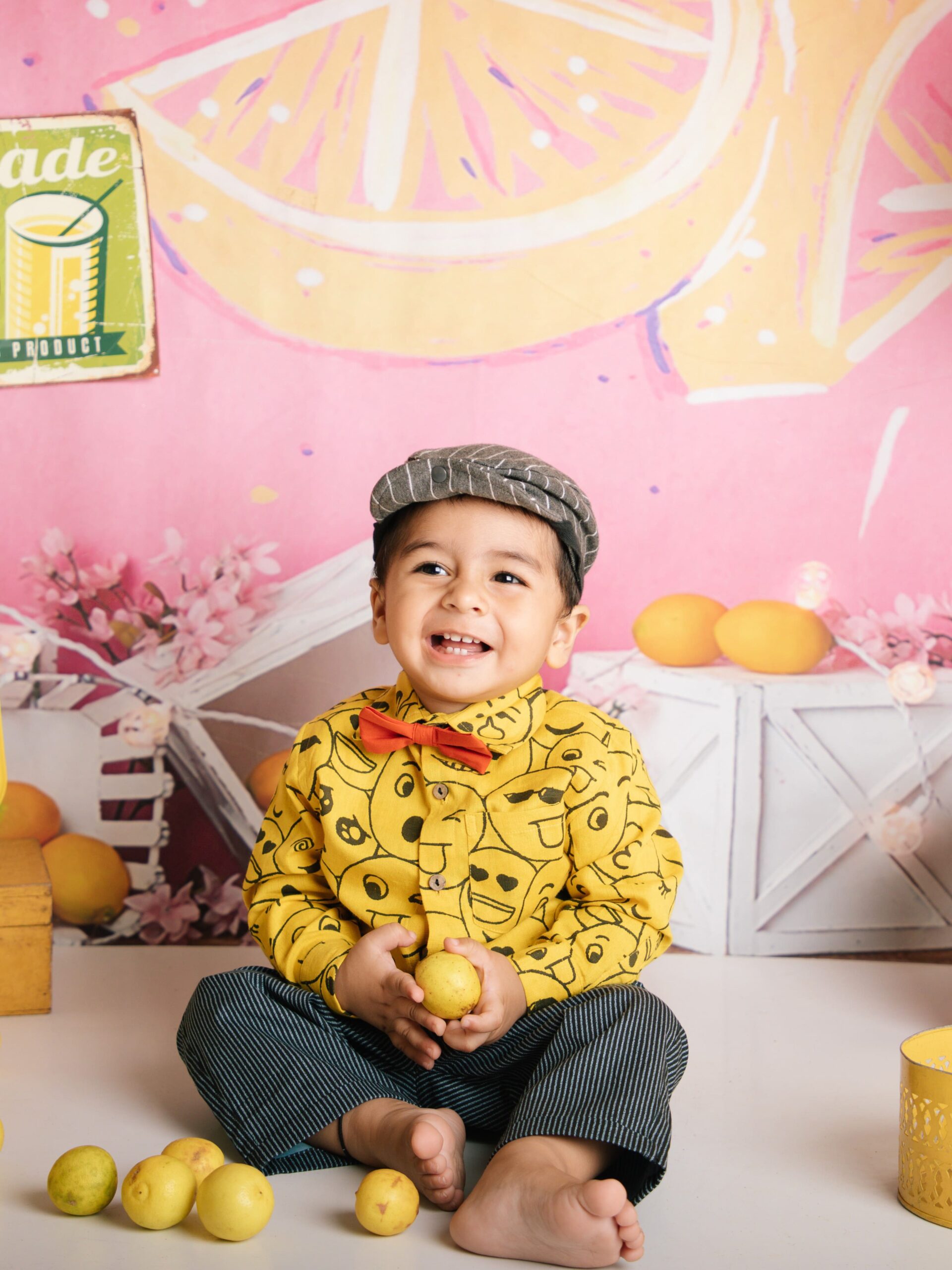 Smiley Print Yellow Shirt Pant Bow Sets