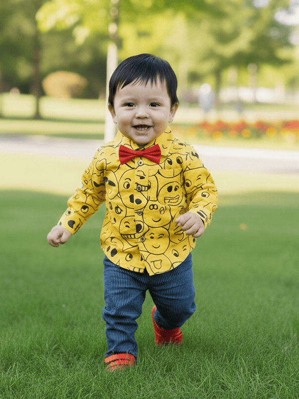 Smiley Print Yellow Shirt Pant Bow Sets