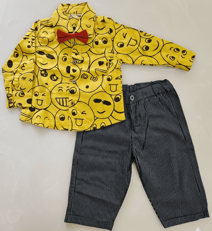 Smiley Print Yellow Shirt Pant Bow Sets